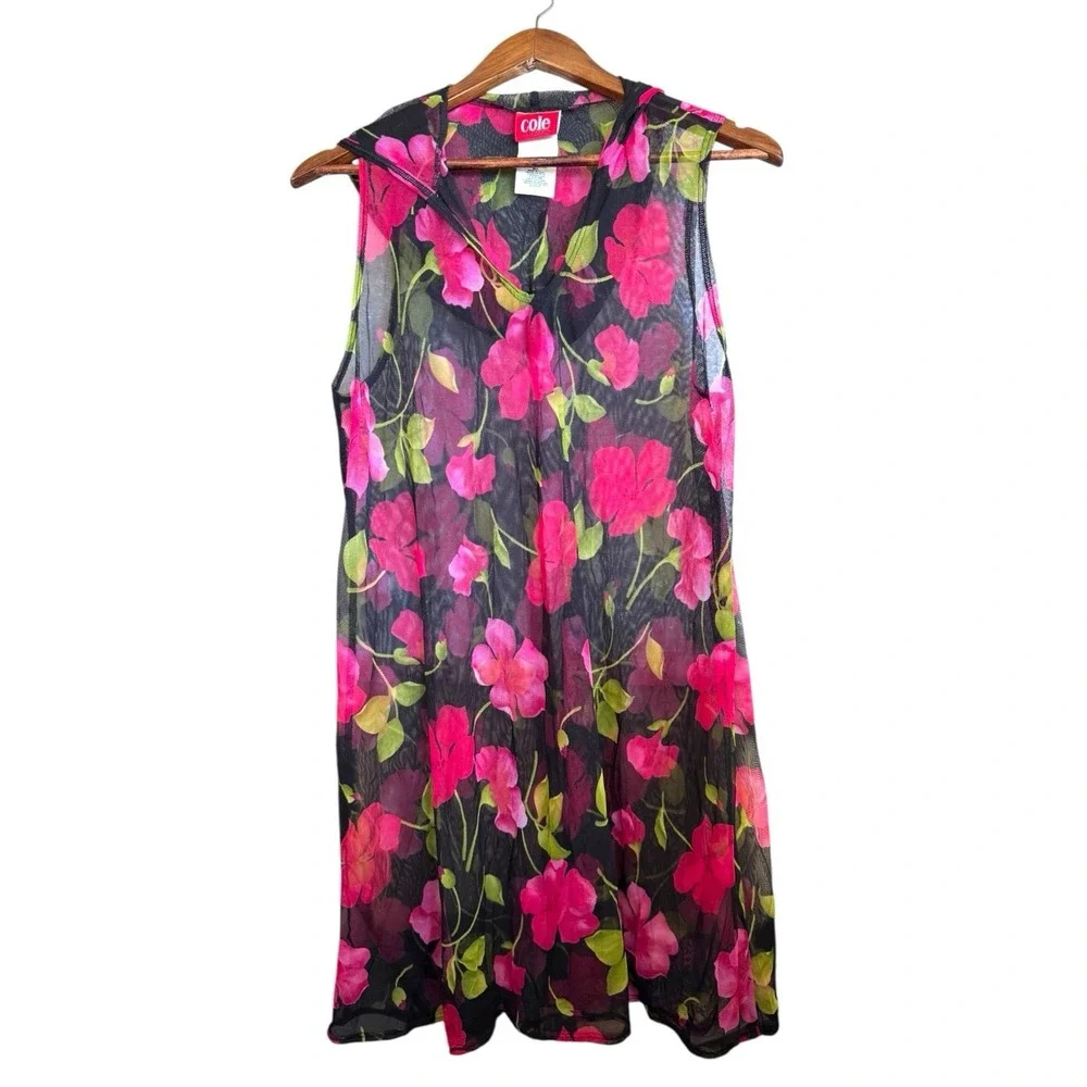 Sheer Black Pink Floral Hooded Cover-Up Dress -M/L Beach Resort Fairy Whimsigoth
